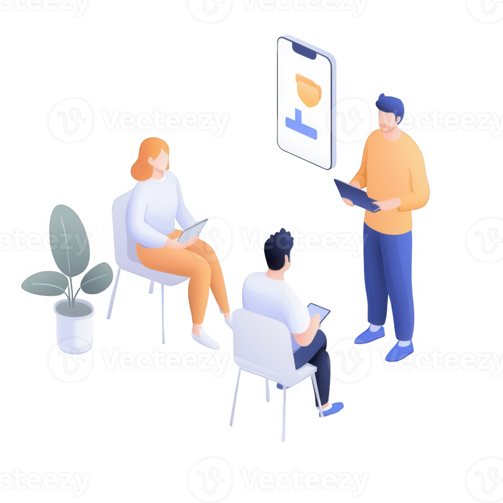 A team meeting with individuals discussing ideas using digital devices. png