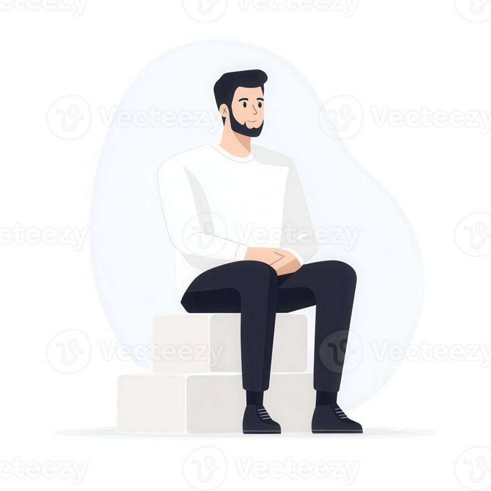 A thoughtful young man sitting on blocks, reflecting in a minimalist environment. png