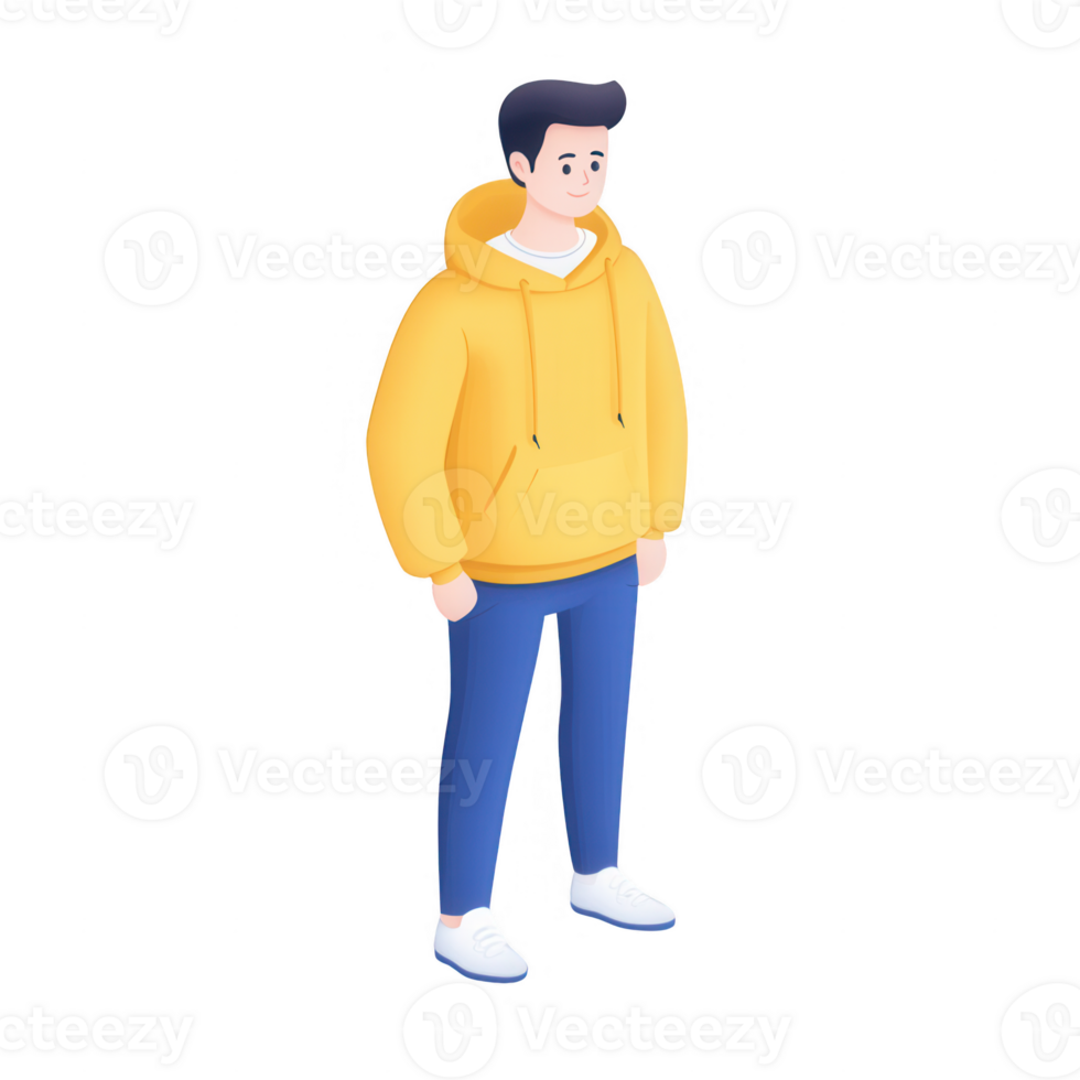 A young man stands confidently in a casual hoodie and jeans, embodying modern style. png