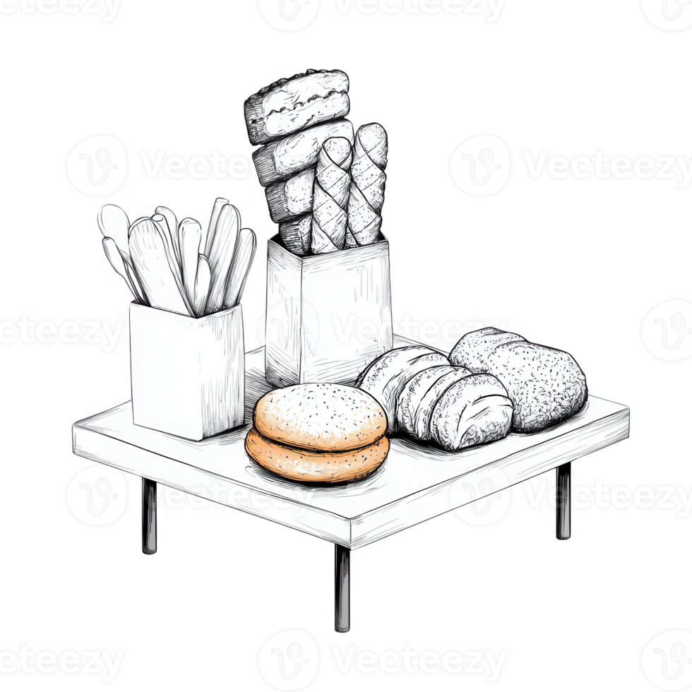 A variety of baked goods displayed on a minimalist table, perfect for breakfast settings. png