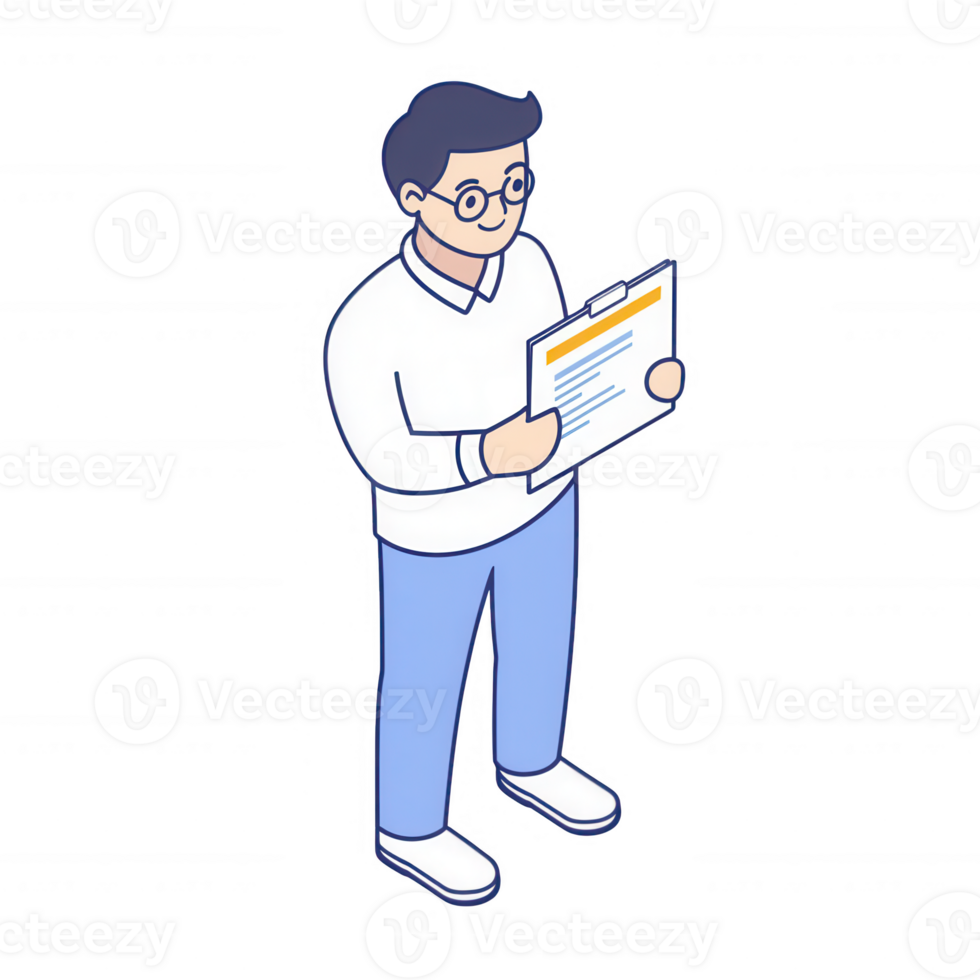 A young man in glasses holds a clipboard, ready for work or discussion. png