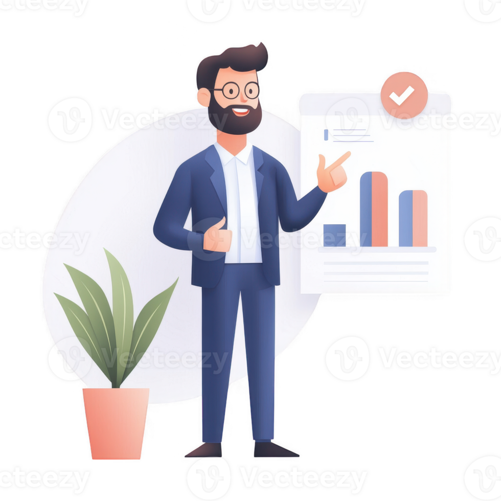Businessman presenting data in a professional setting with charts and greenery. png