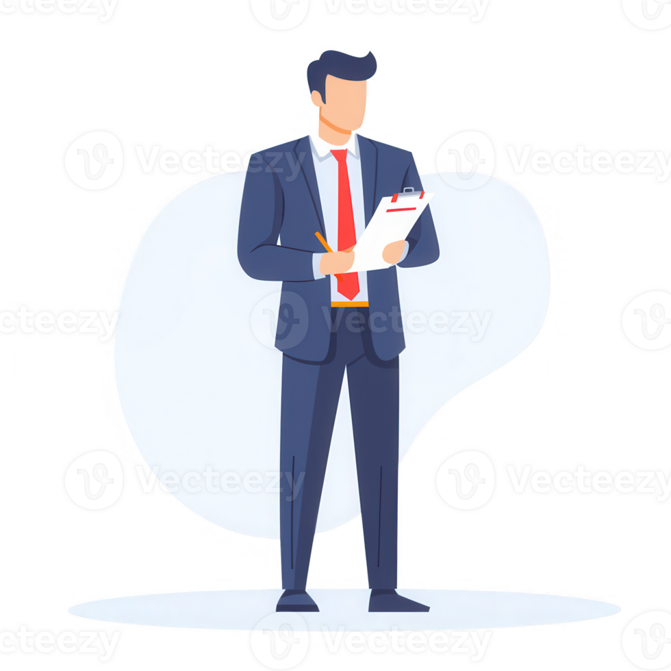 Businessman analyzing data with clipboard and pen, standing confidently. png