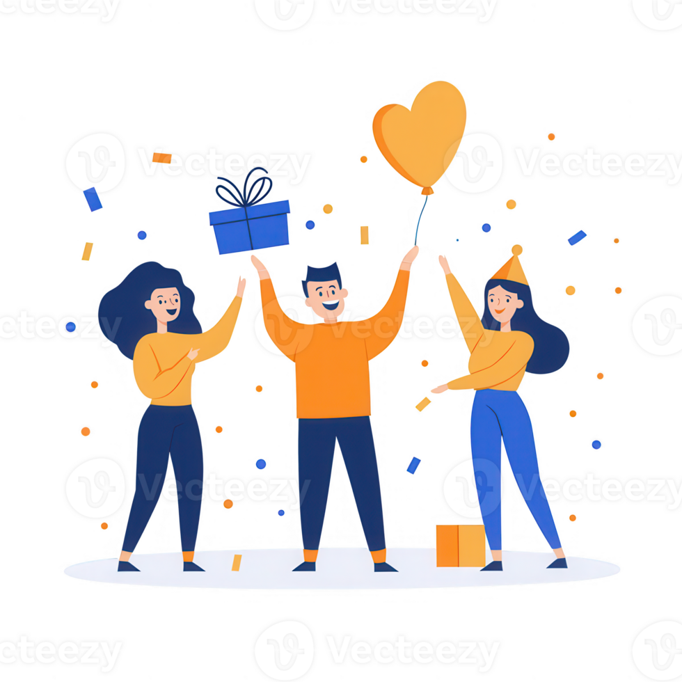Celebration with friends holding gifts, balloons, and confetti in a joyful atmosphere. png