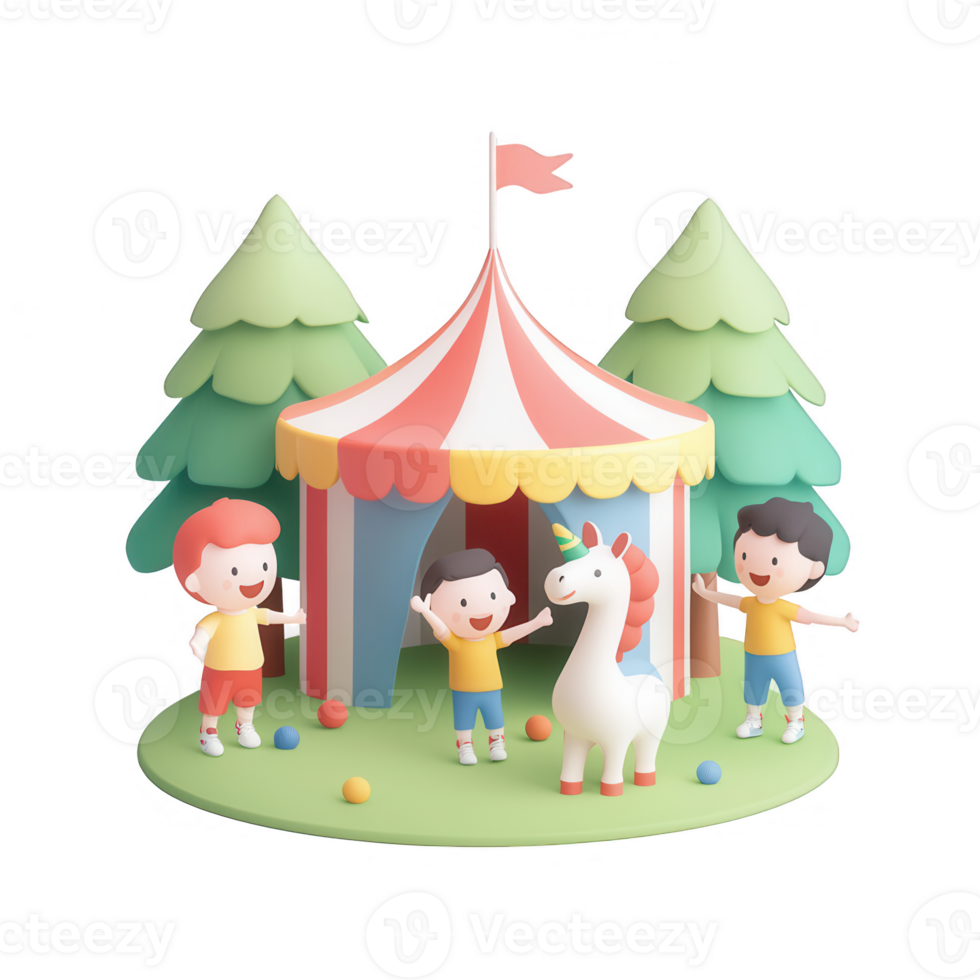 Children joyfully playing in a colorful tent with a unicorn in a lively forest setting. png