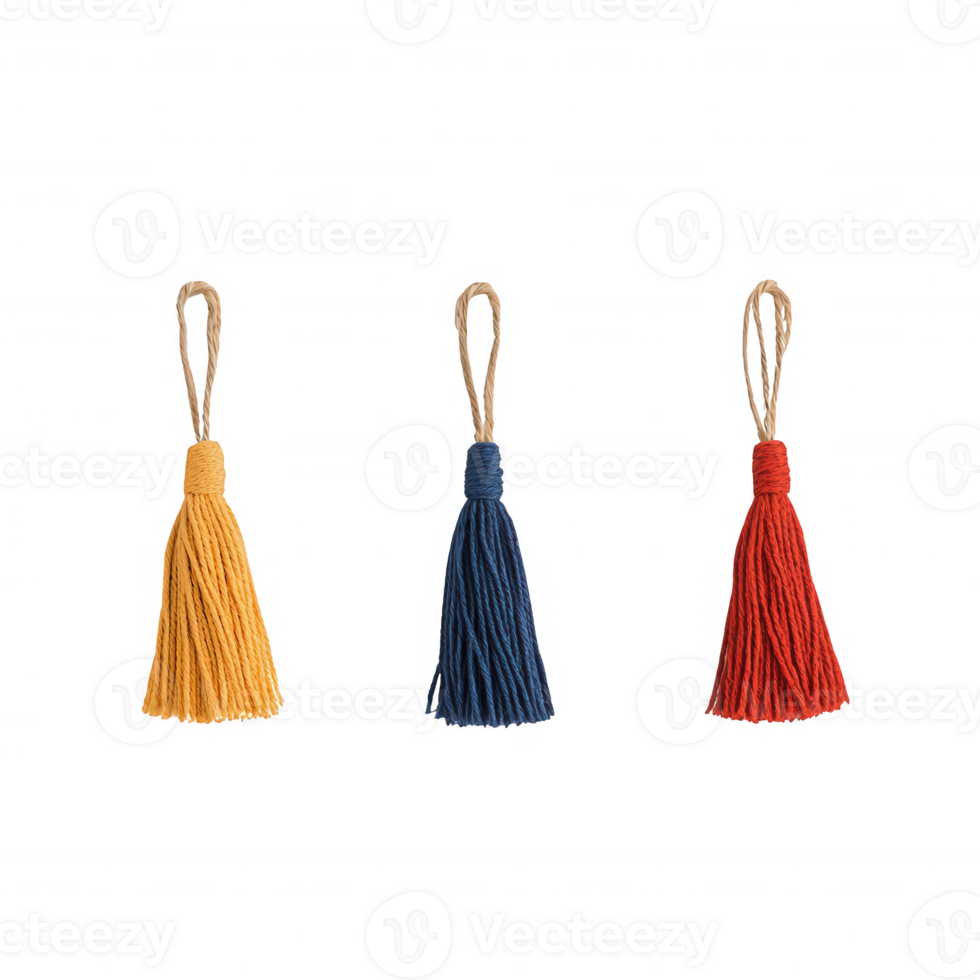Colorful decorative tassels in yellow, blue, and red hanging together. png