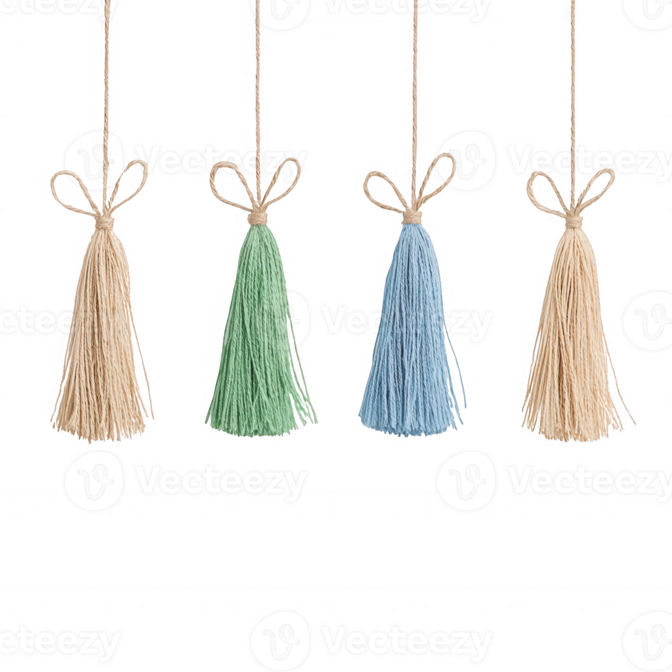 Colorful decorative tassels in pastel shades hanging elegantly, perfect for styling. png