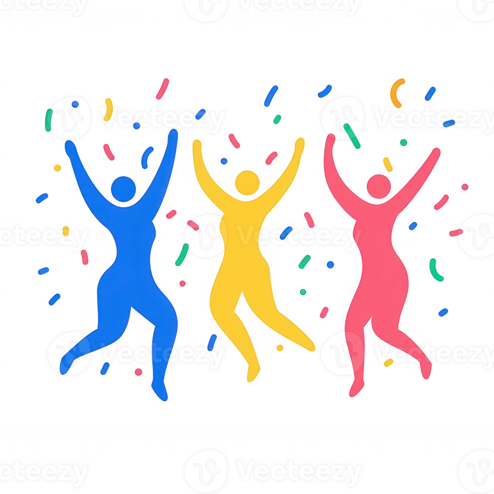 Colorful silhouettes of people celebrating with joy and confetti in a festive atmosphere. png