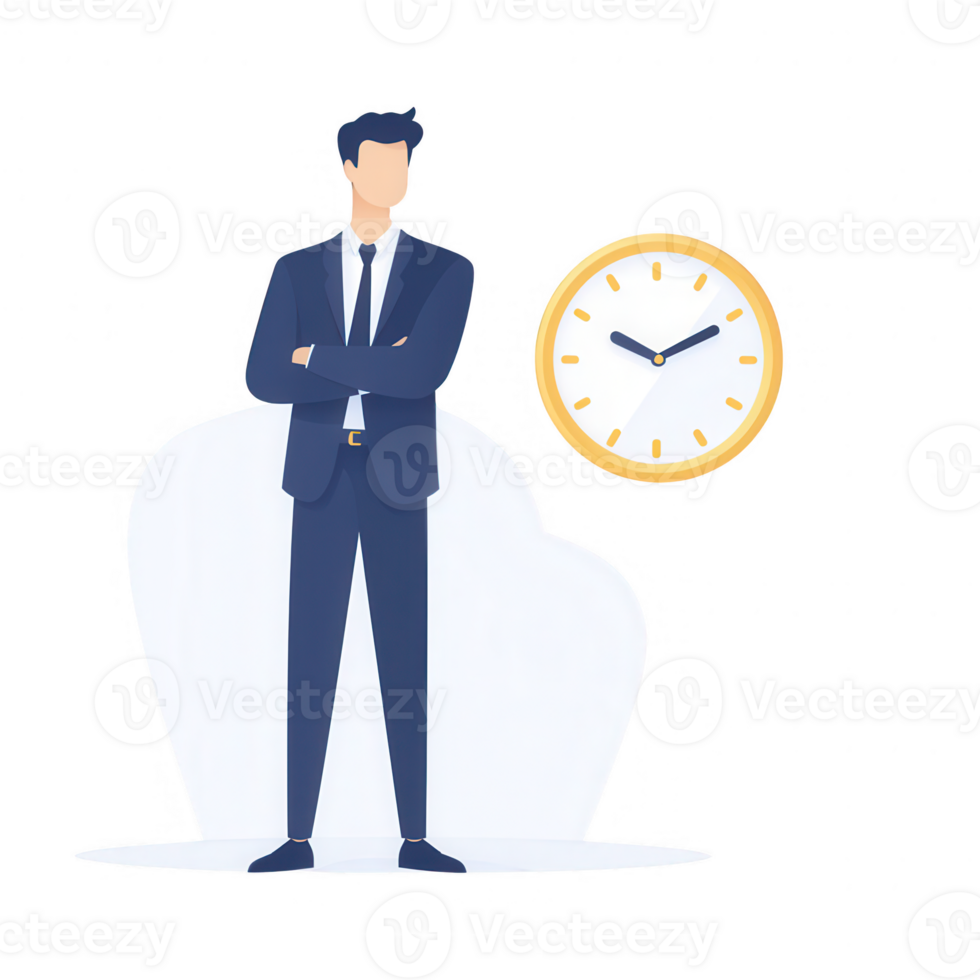 Confident businessman standing with a clock representing time management. png