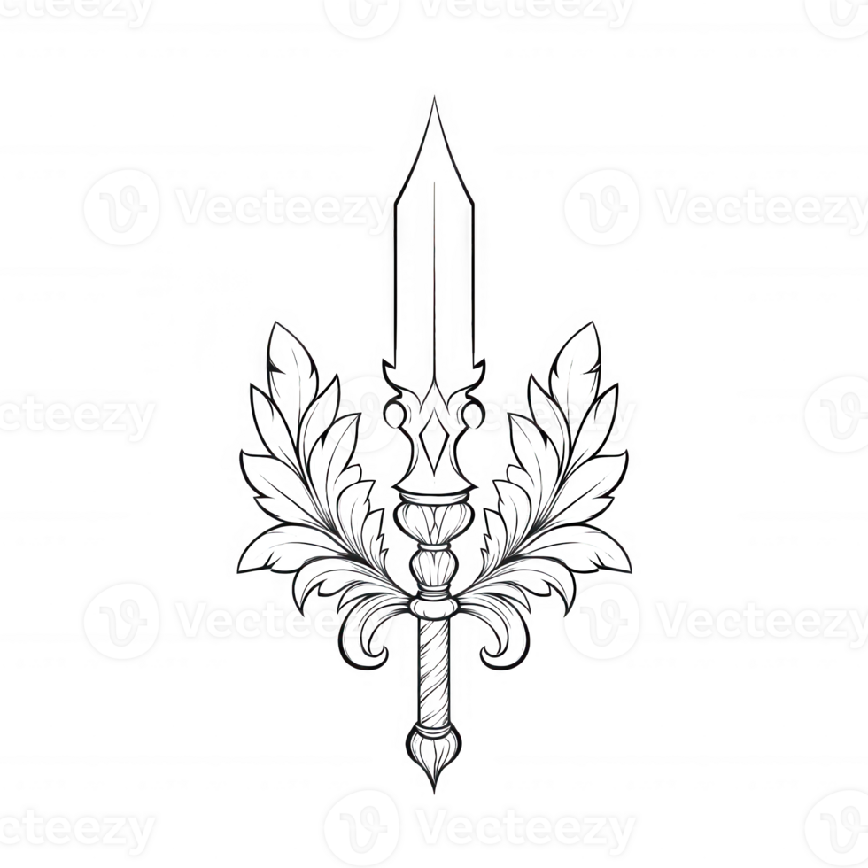 Intricate design featuring a stylized sword and laurel leaves in a symmetrical pattern. png