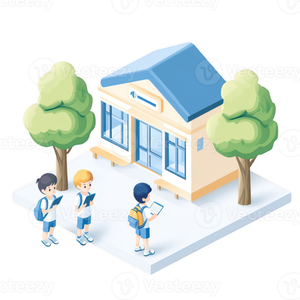 Illustration of a school building with children exploring their surroundings. png