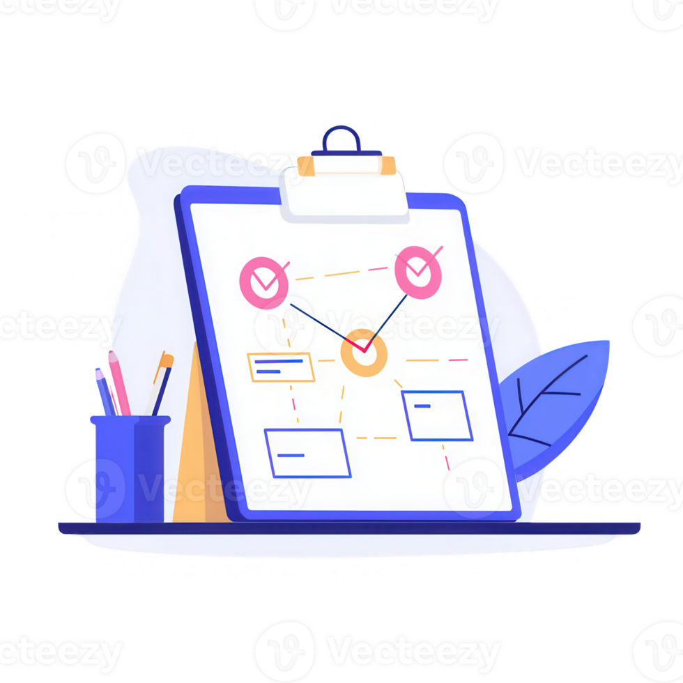Illustration of a project management board with tasks and checkmarks for efficiency. png