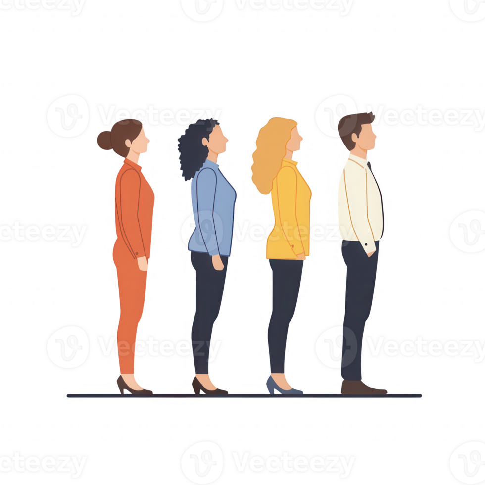 Four diverse people standing in line, showcasing unity and variety in a minimalist style. png