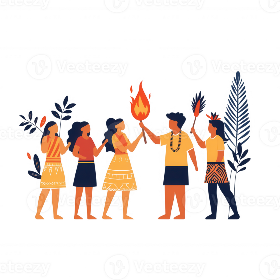 Diverse group celebrating tradition with fire and dance in vibrant attire. png