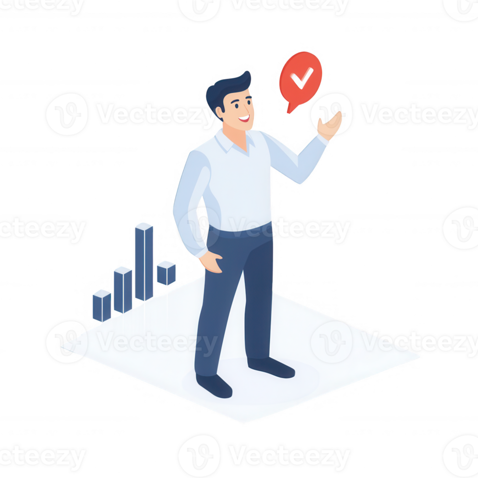 Professional man delivering a presentation with a speech bubble and graphs. png