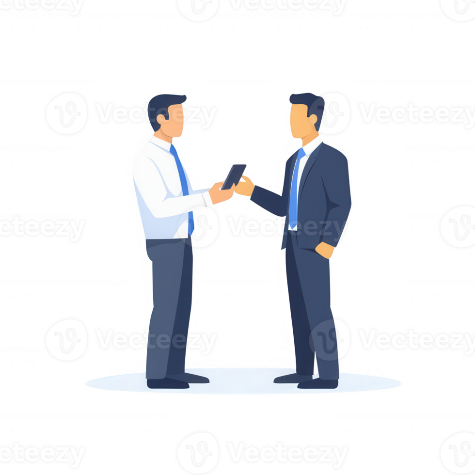 Two professionals exchanging business ideas in a modern office setting. png