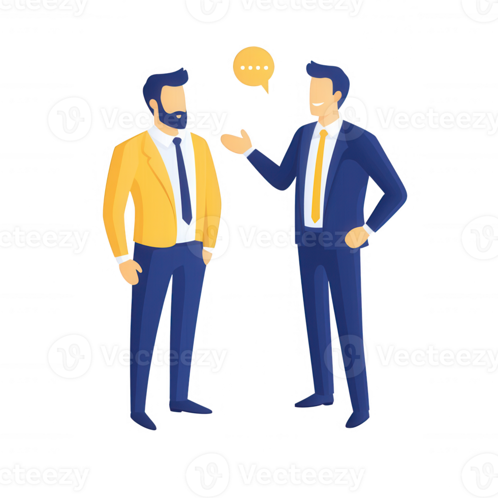 Two businessmen engaged in a conversation, showcasing professional interaction. png