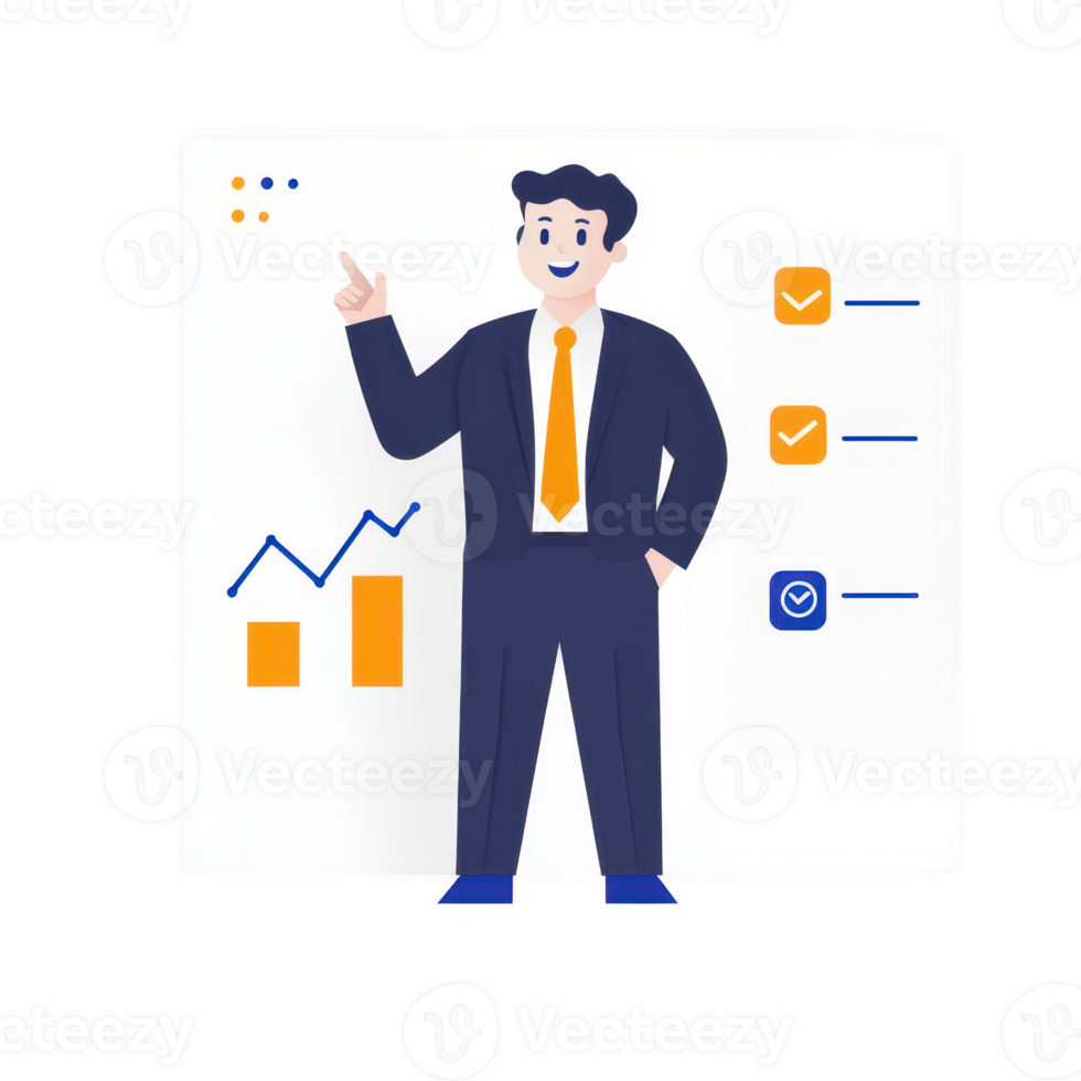 Professional man presenting graphs and charts, symbolizing growth and success. png