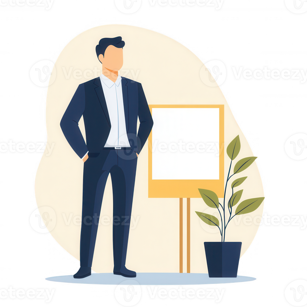 Professional man standing confidently beside an empty signboard with a plant. png