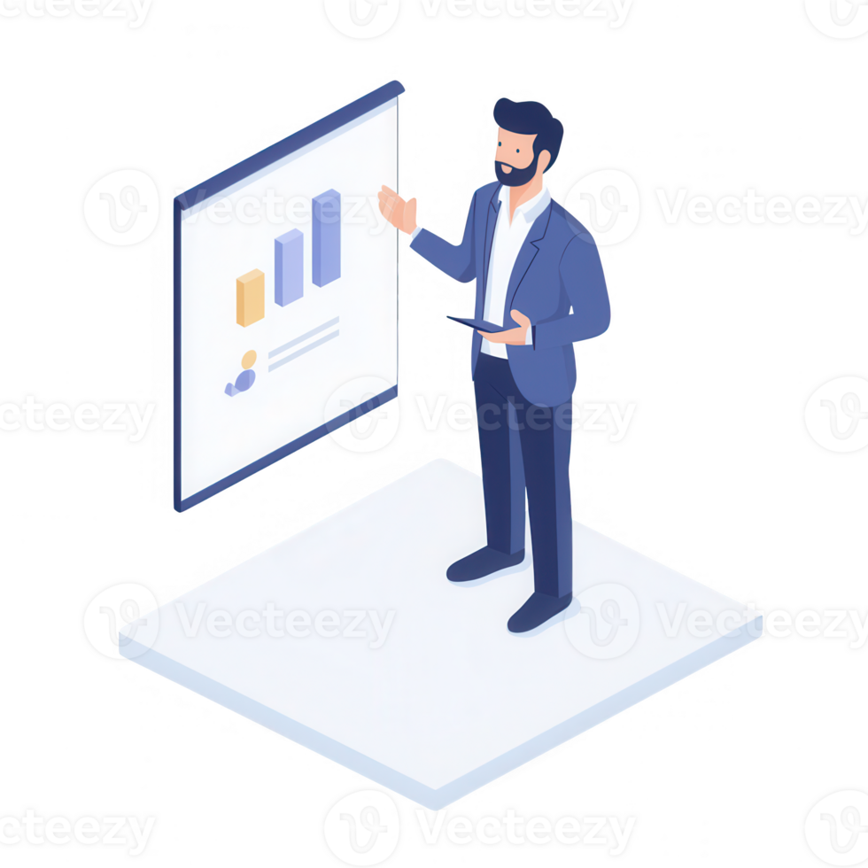 Professional man presenting a data analysis on a digital screen in a sleek environment. png