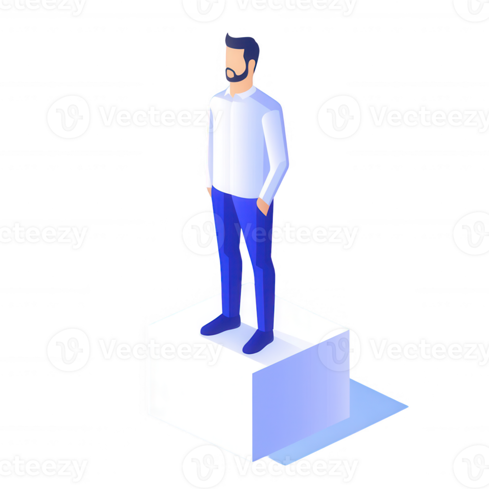 Stylized illustration of a confident man standing on a platform with a thoughtful expression. png