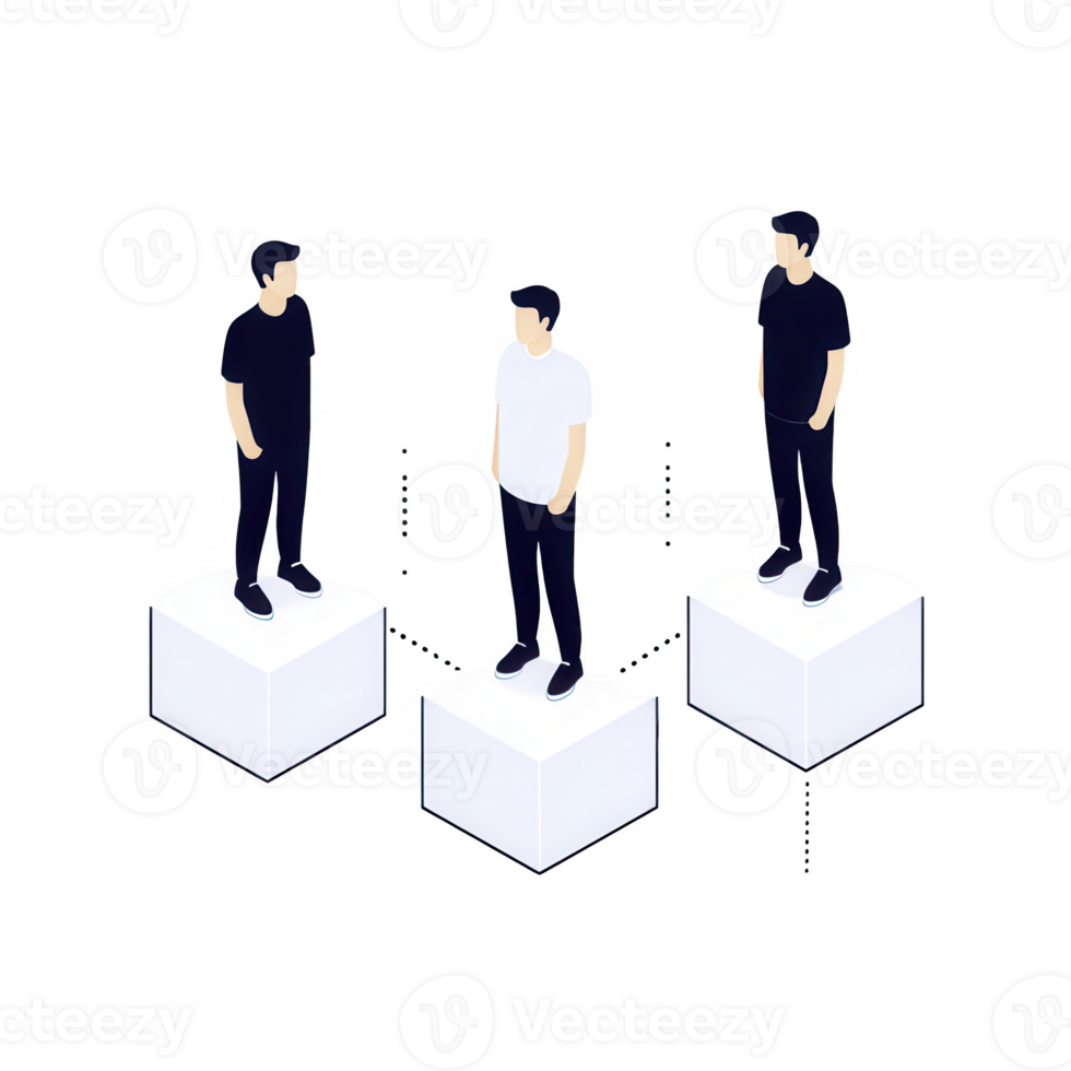Three individuals standing on cubes, representing diversity and teamwork. png