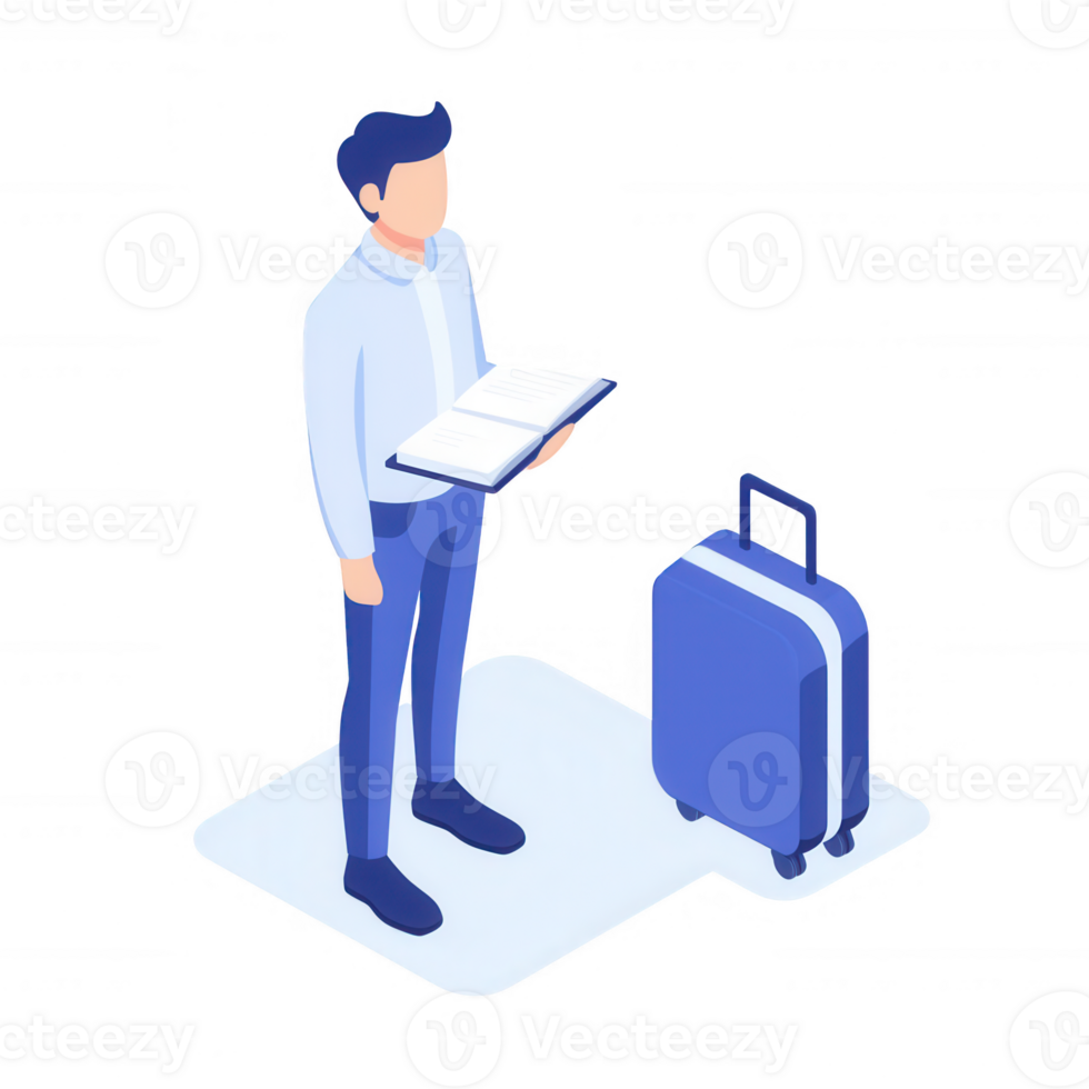 Traveler reading a guidebook while holding a suitcase in preparation for a trip. png