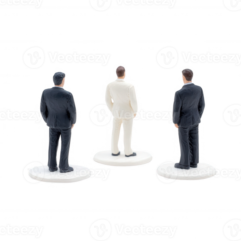 Three miniature figures in suits represent teamwork and professional relationships. png