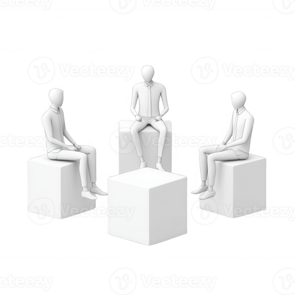 Three abstract figures engaged in a discussion around a cube-shaped table. png