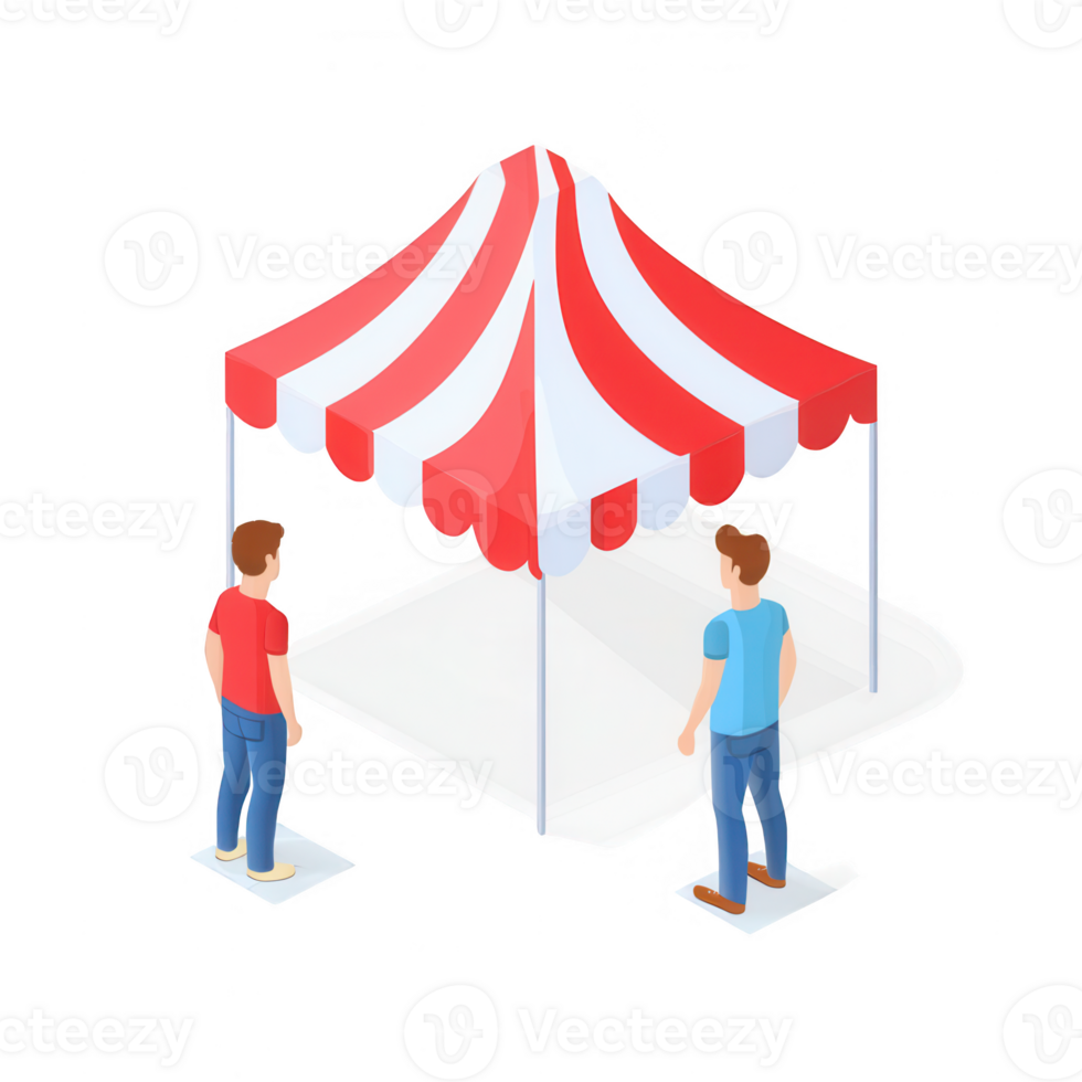 Two men standing under a striped tent, ready to enjoy a vibrant outdoor event. png