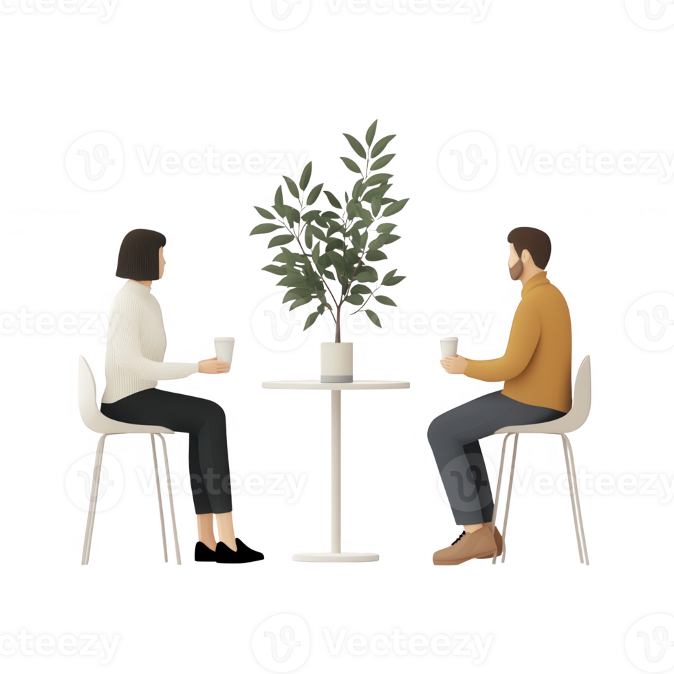 Two people enjoy drinks while sitting at a table with a potted plant between them. png