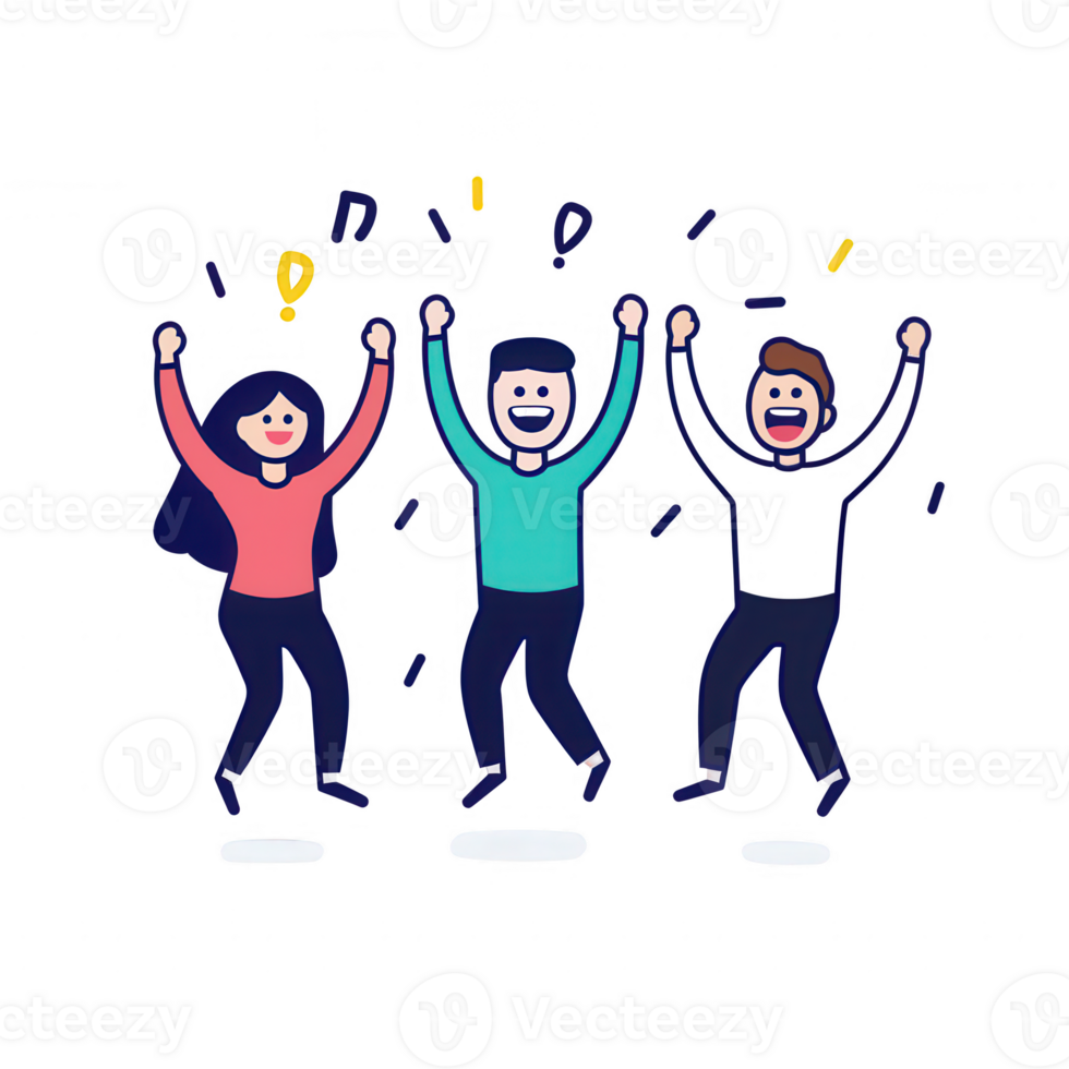 Three joyful friends celebrating with raised arms and bright smiles. png
