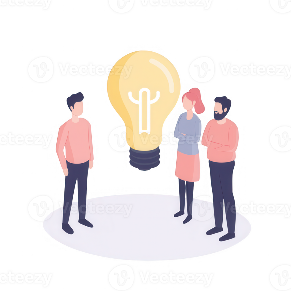 Three colleagues discussing creative ideas under an illuminated light bulb. png