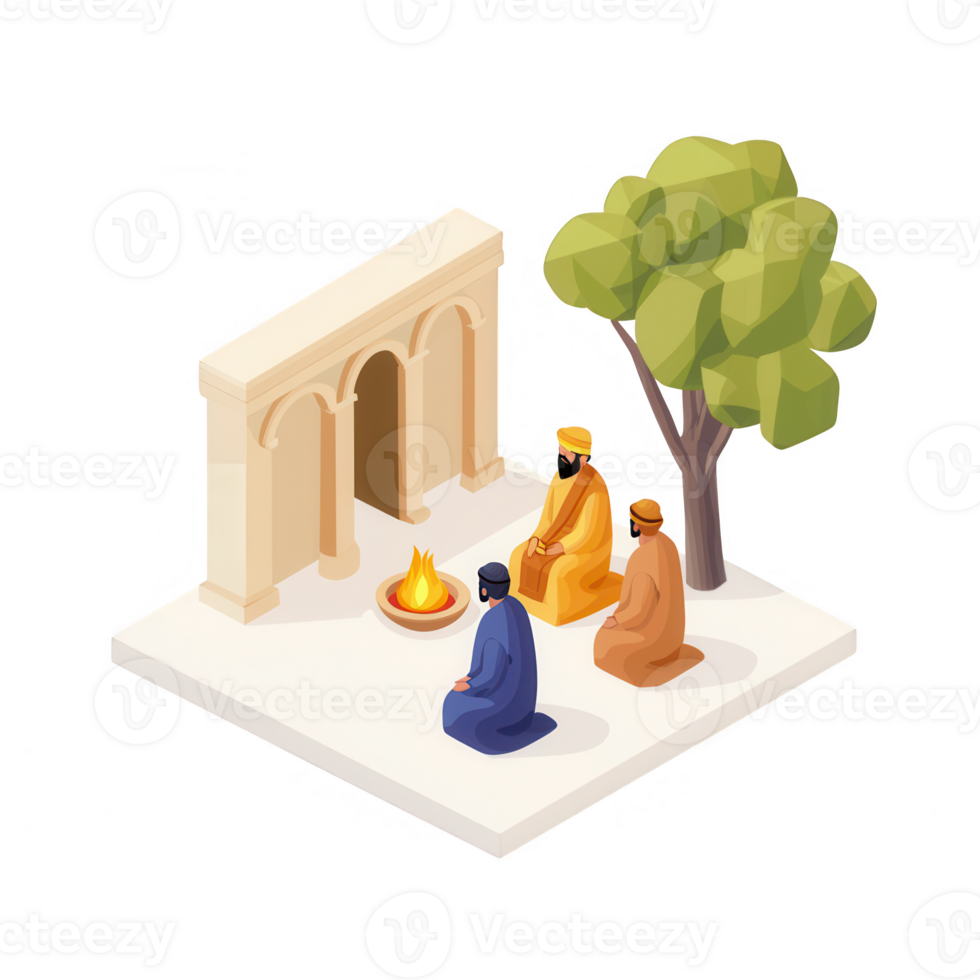 Three figures meditating around a fire near an ancient structure and a tree. png
