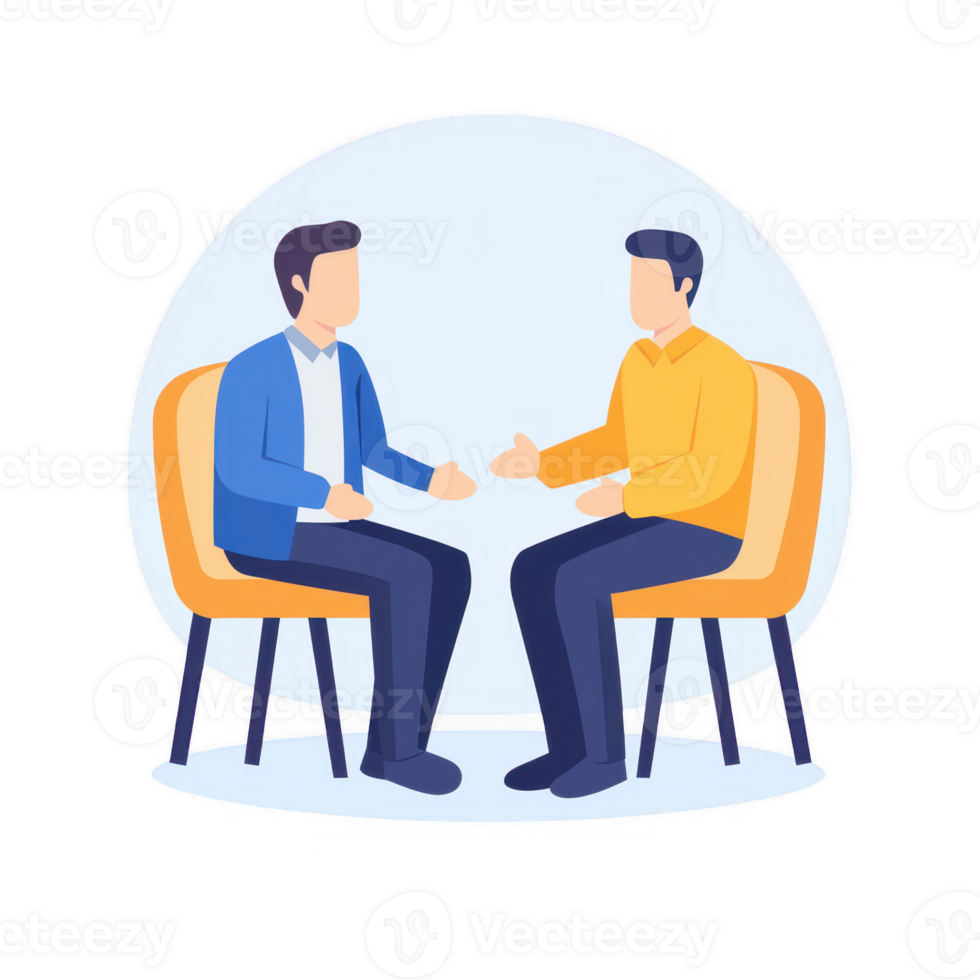 Two men engaging in a discussion while sitting in modern chairs. png