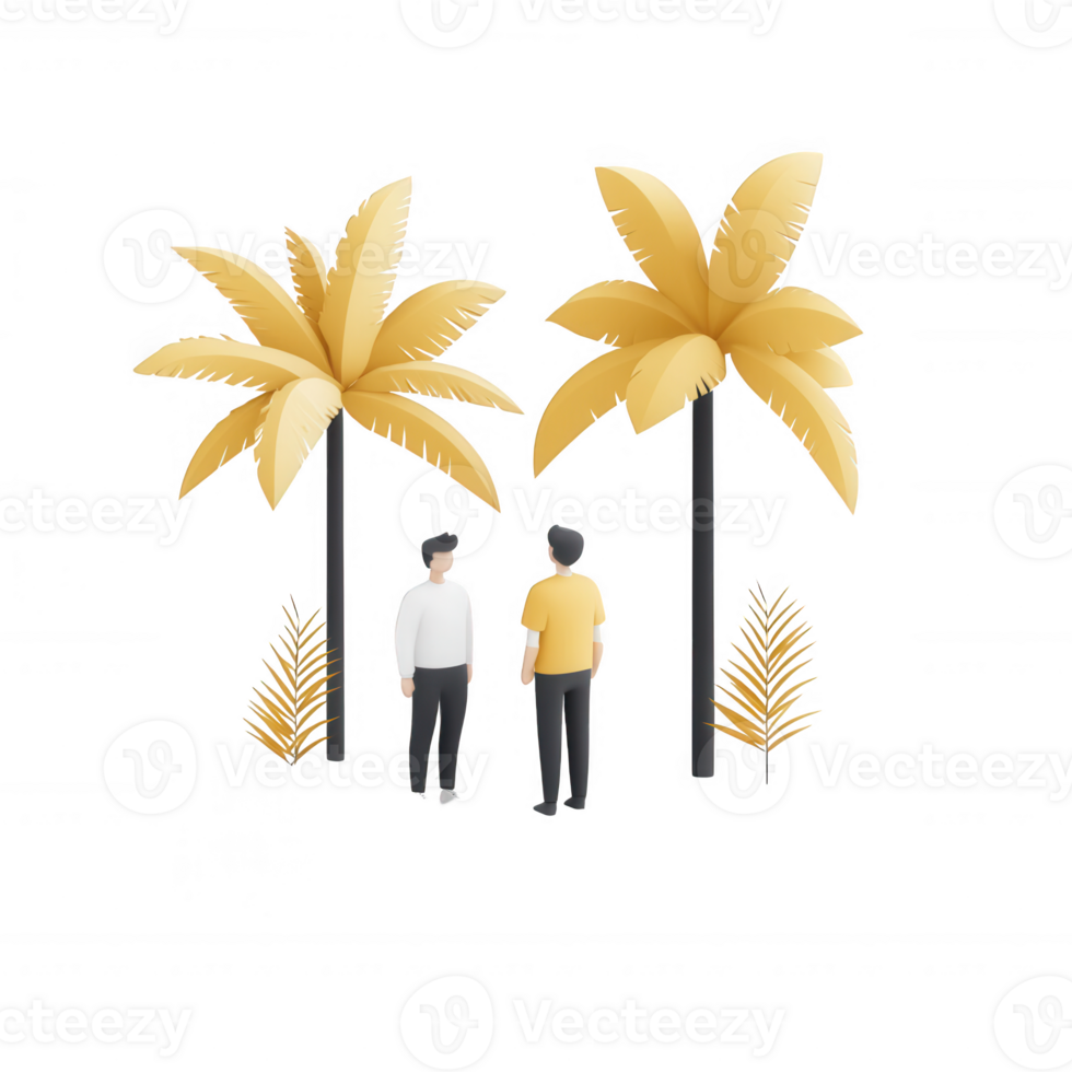 Two individuals standing under stylized golden palm trees in a serene environment. png