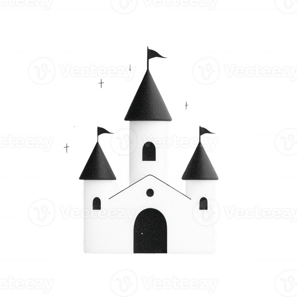 Stylized castle with black towers, flags, and a charming entrance. png