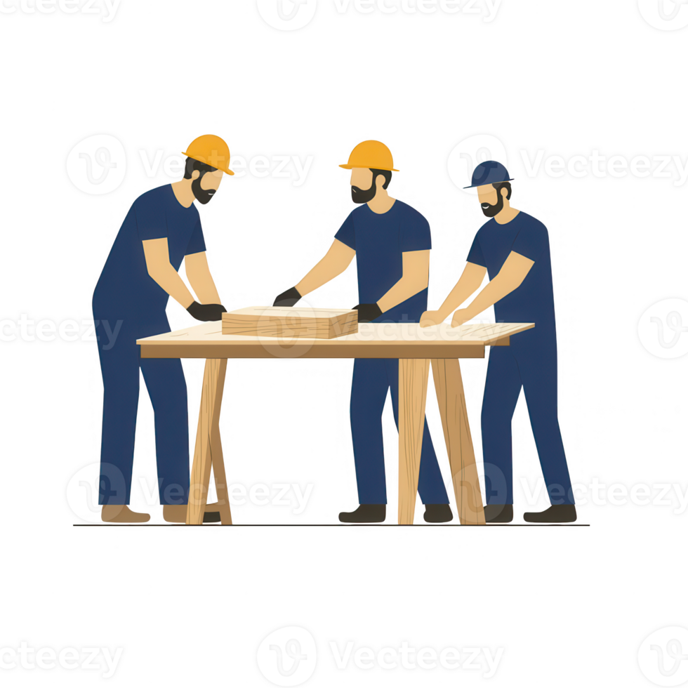 Three workers collaborating on a woodworking project at a workshop table. png