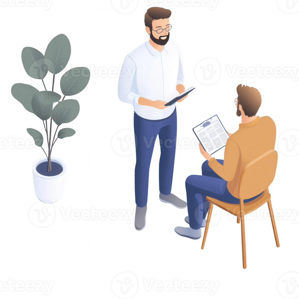 Two professionals discussing ideas in a modern office environment. png