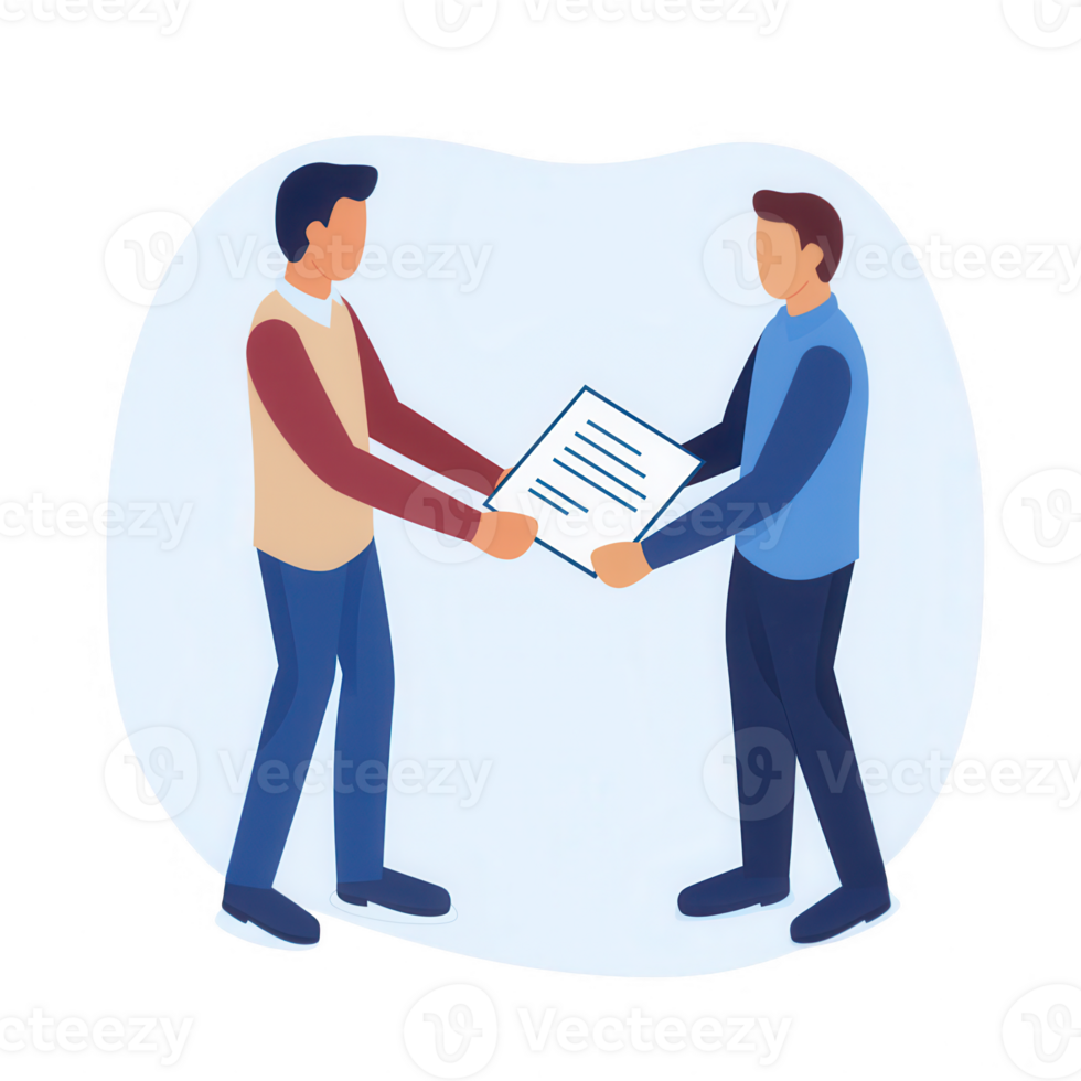 Two men exchanging documents, illustrating teamwork and collaboration in the workplace. png