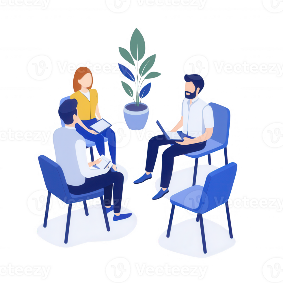 Three people in a meeting discussing ideas around a potted plant. png