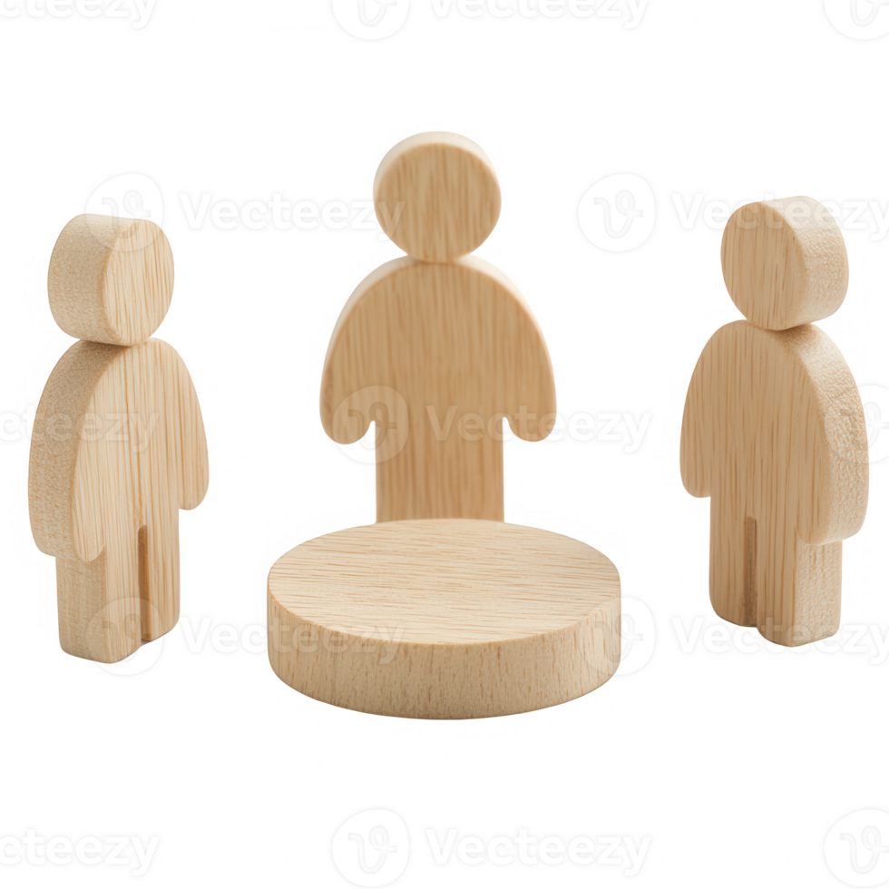 Three wooden figures standing around a circular table, symbolizing collaboration. png
