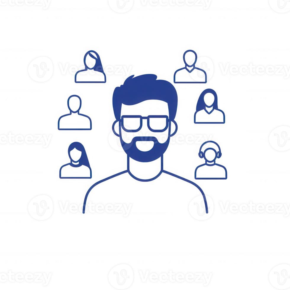 illustration of a man with glasses surrounded by diverse people icons. png