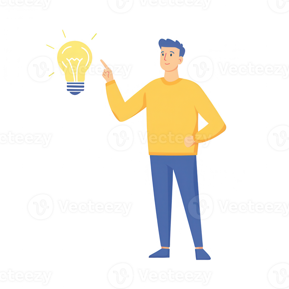 Young man having a creative idea with a glowing light bulb above his head. png