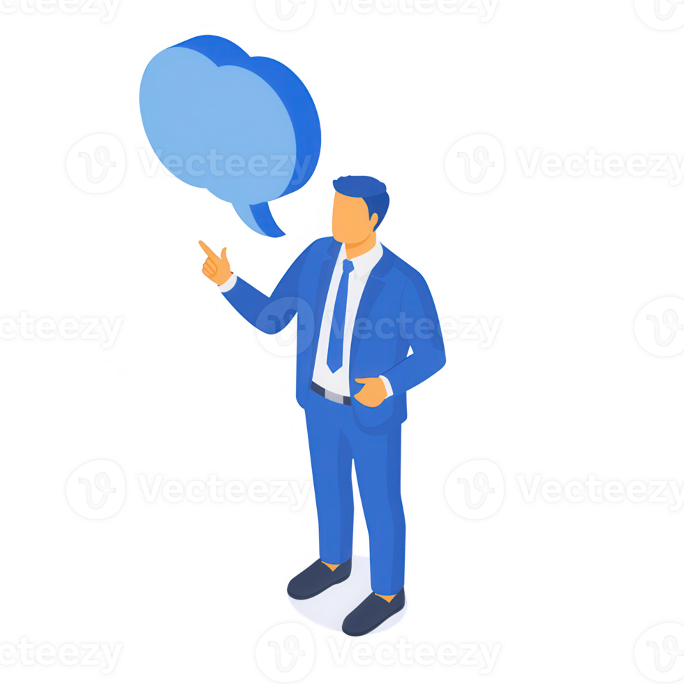 A businessman in a blue suit gesturing while speaking with a speech bubble. png