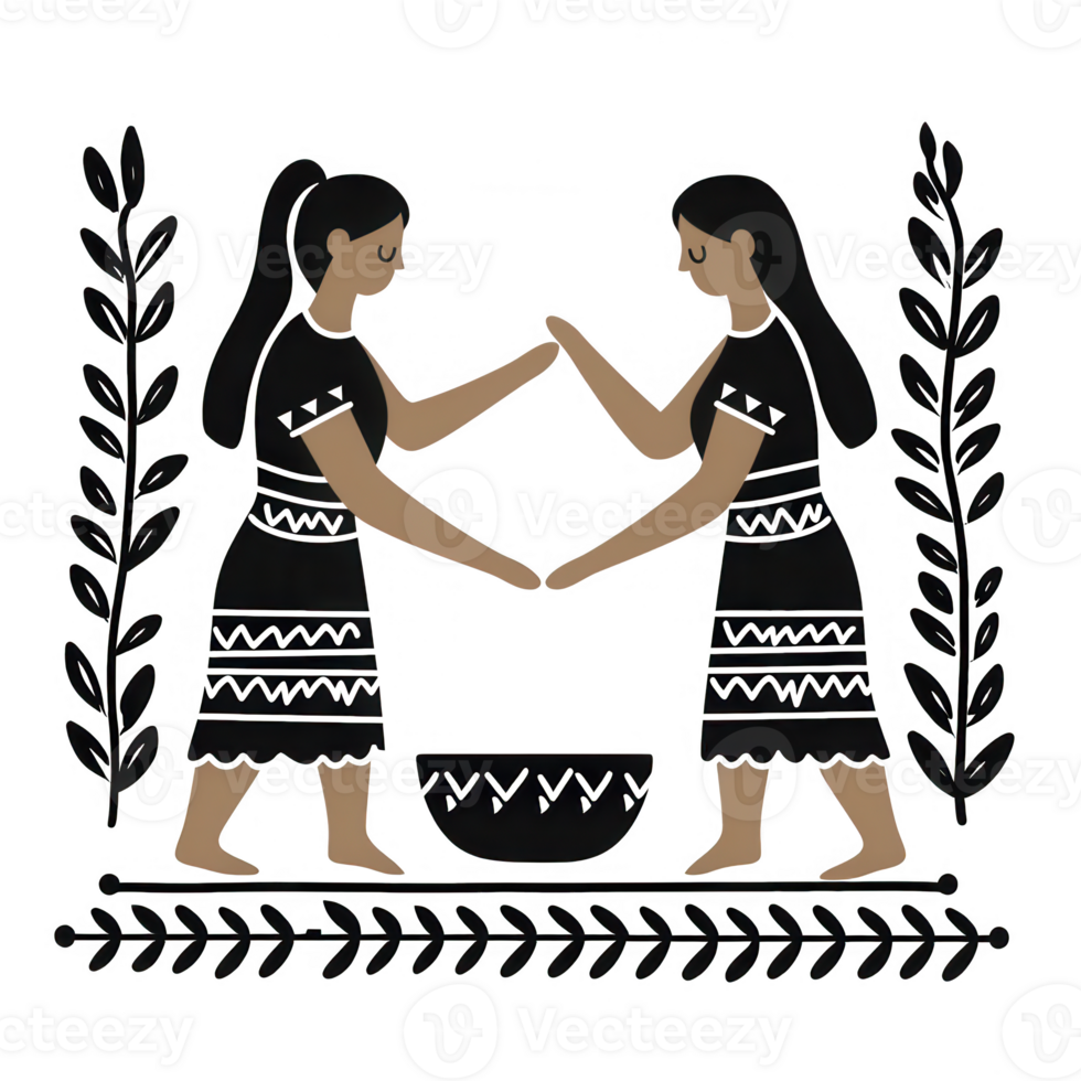 Two women engage in a traditional ritual depicting unity and cultural celebration. png