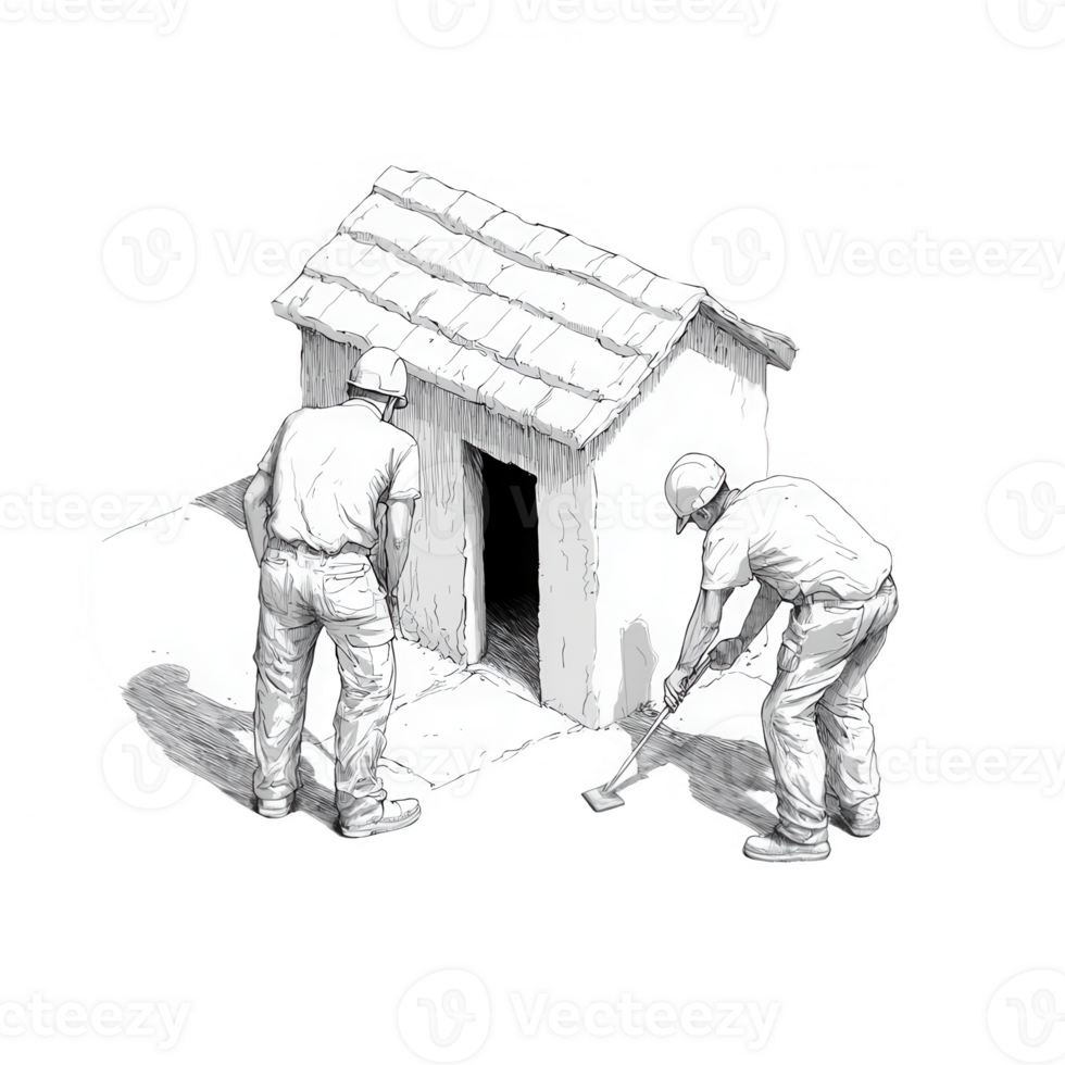 Workers constructing a small building with tools and teamwork for a sturdy structure. png