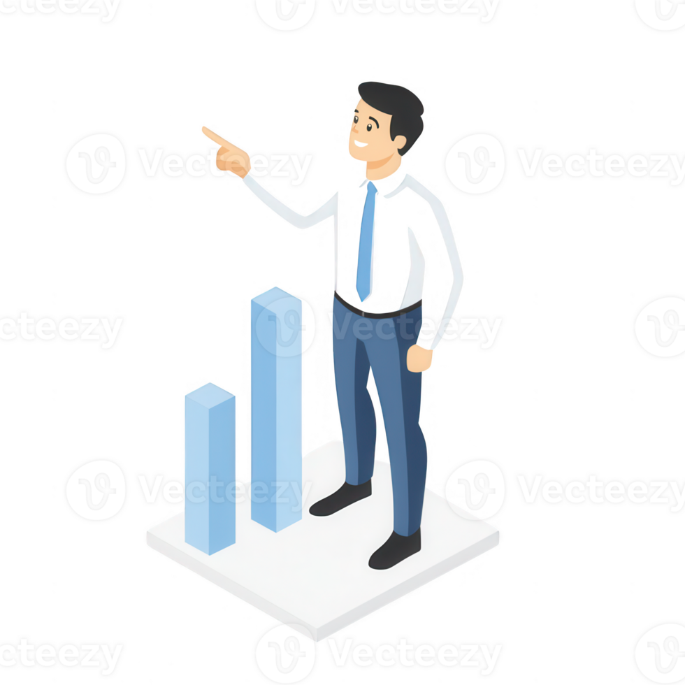 A businessman presenting growth statistics with rising bar graphs in a professional manner. png