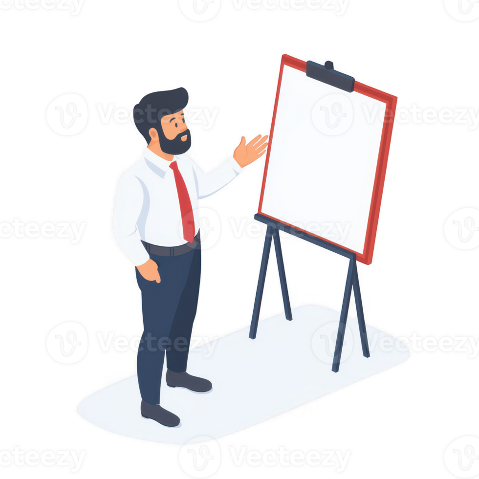 A businessman presenting ideas using an empty flip chart in a professional setting. png