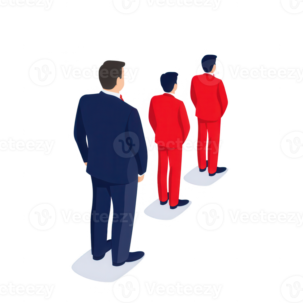 A businessman leads a team of individuals in red suits, symbolizing leadership. png